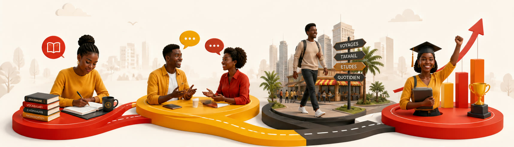 La méthode en quatre temps, illustrée par une route : apprendre avec des livres de grammaire et de vocabulaire, pratiquer en conversation, vivre l’anglais en ville entre voyages, travail et études, puis progresser jusqu’au diplôme.