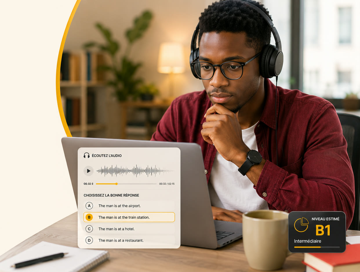 Un candidat au casque, concentré devant son ordinateur : à l’écran, une question du test — un extrait audio à écouter, puis quatre réponses au choix — et une pastille indiquant un niveau estimé B1, intermédiaire.